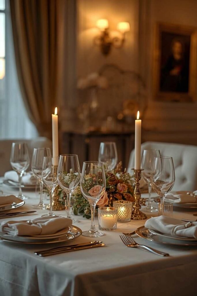 Elegant dinner party tablecloth decor