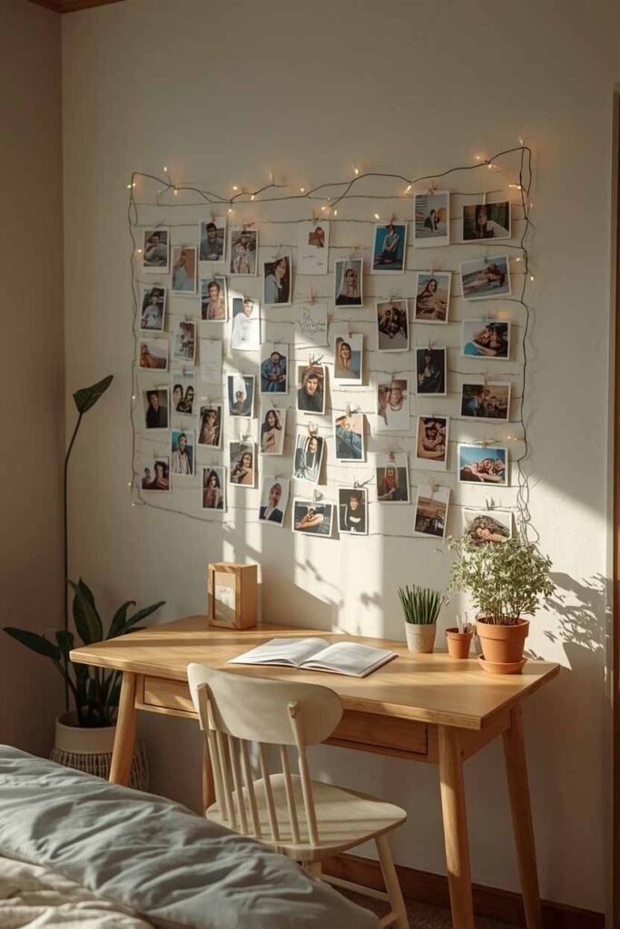 DIY teenage bedroom photo wall with pictures and fairy lights