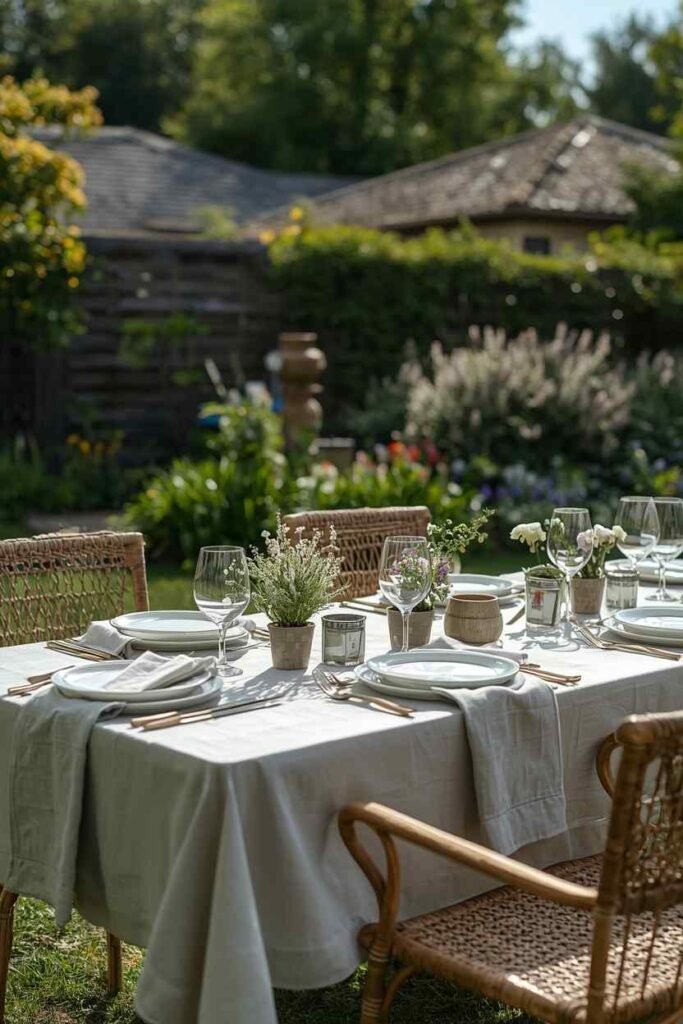 Christmas tablecloth decor with greenery and candles