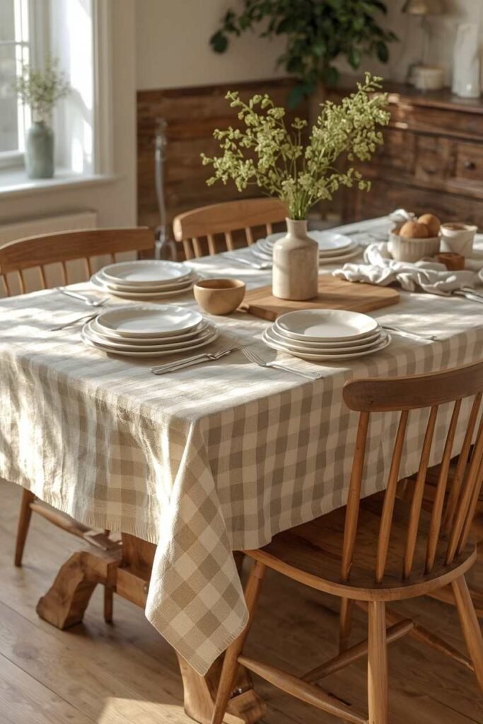 Farmhouse tablecloth decor with rustic accents