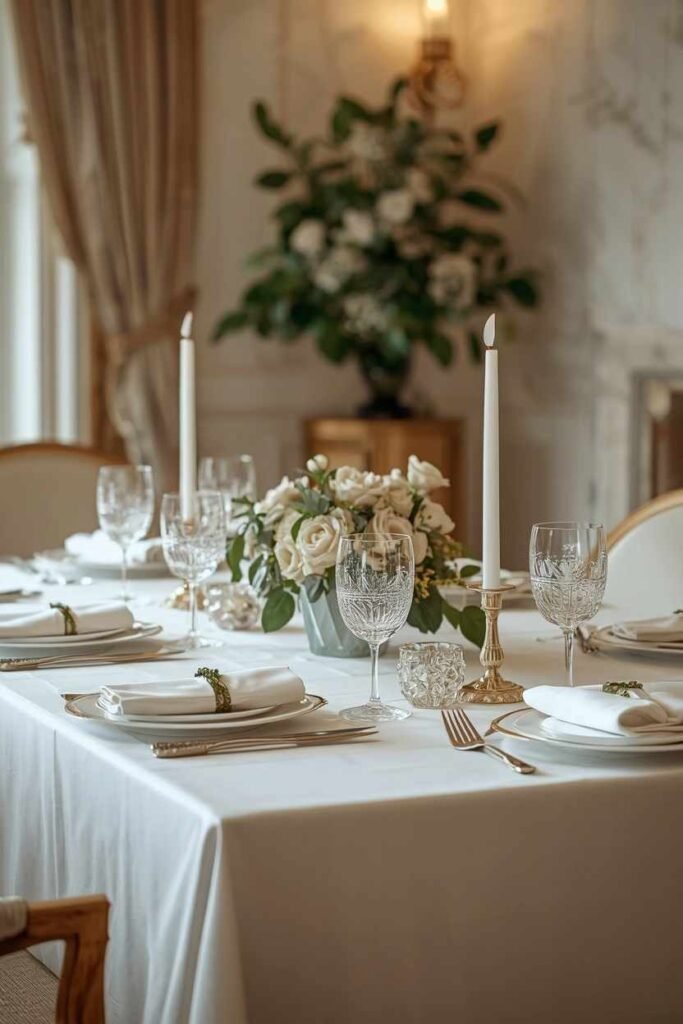 Elegant tablecloth decor with white linen and dinnerware