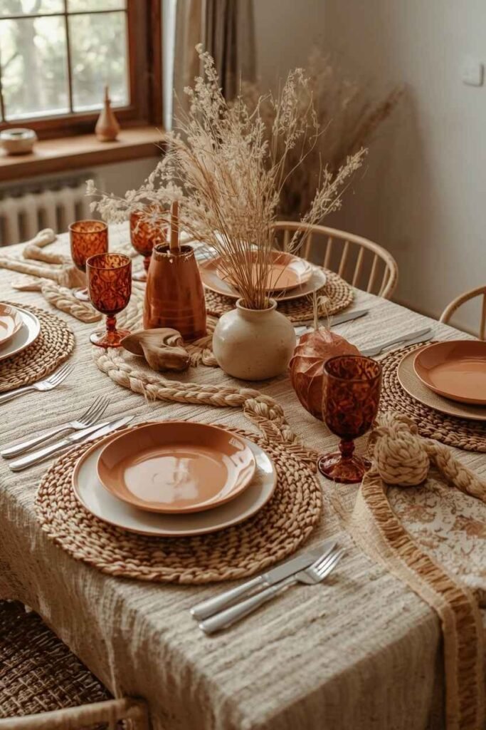 Boho tablecloth decor with natural textures