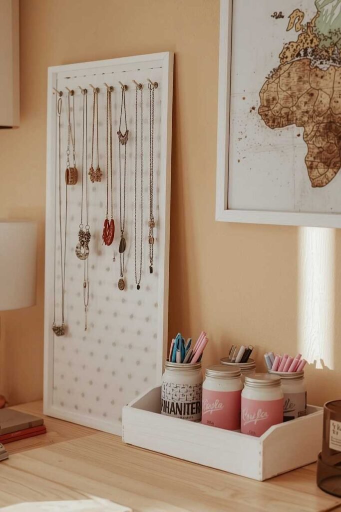 DIY jewelry and desk organization ideas for a teen bedroom