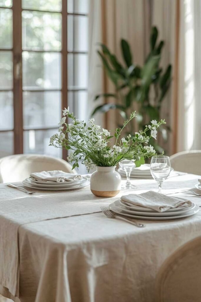 Dining table centerpiece over a tablecloth