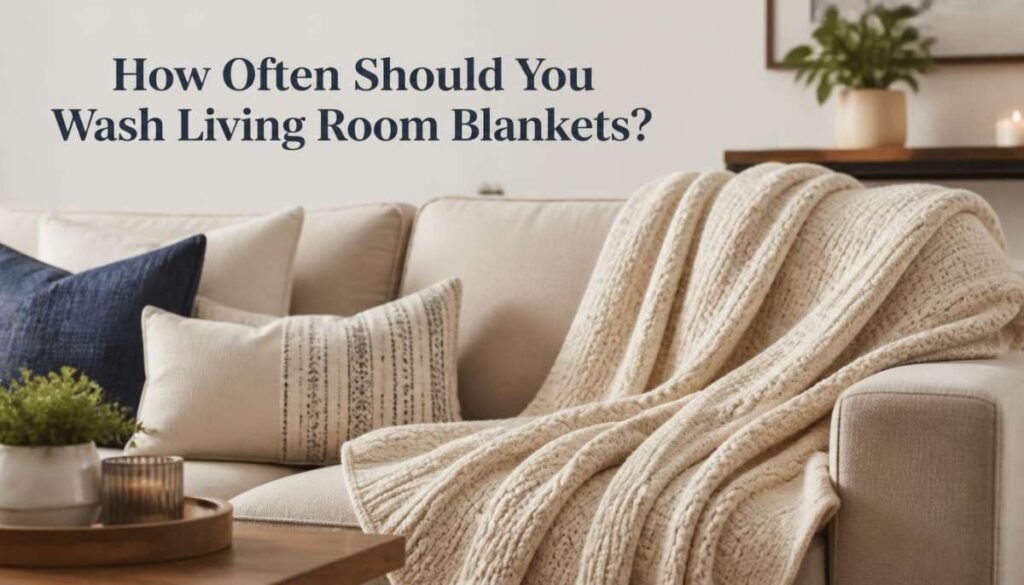 Cozy cream knit throw blanket draped over a neutral couch in a styled living room with decorative pillows