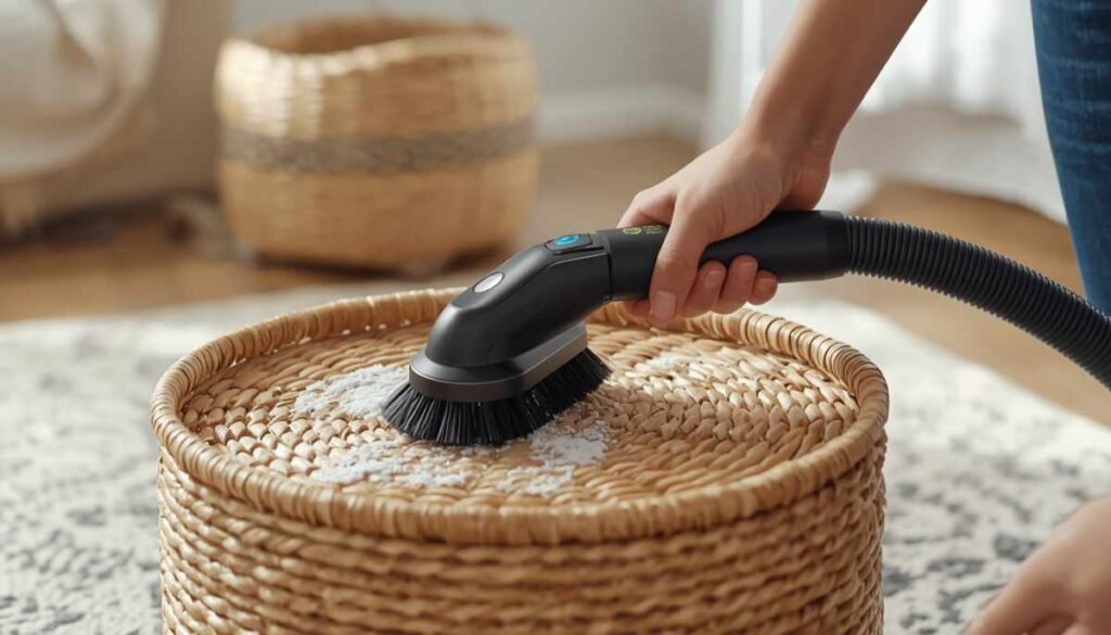 vacuuming dust from a wicker basket