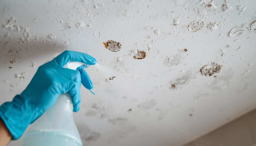 Applying mold cleaner to bathroom ceiling