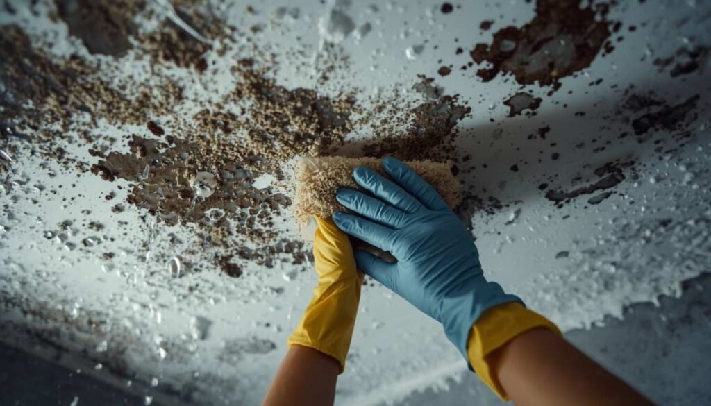Gently scrubbing mold from bathroom ceiling