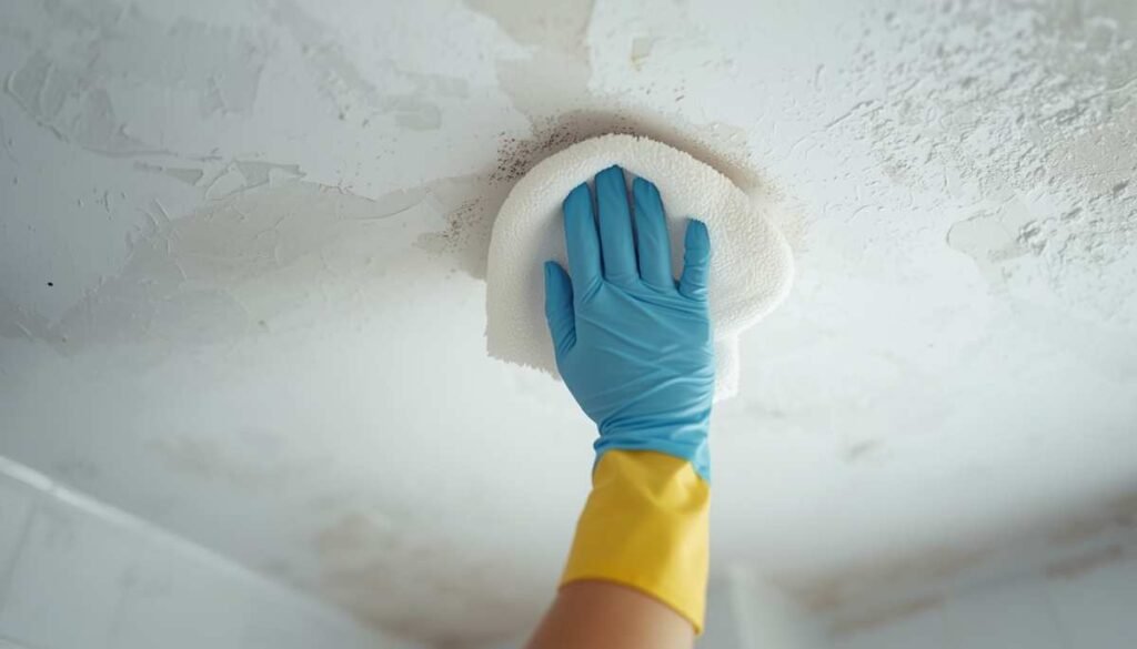Wiping mold cleaner from bathroom ceiling