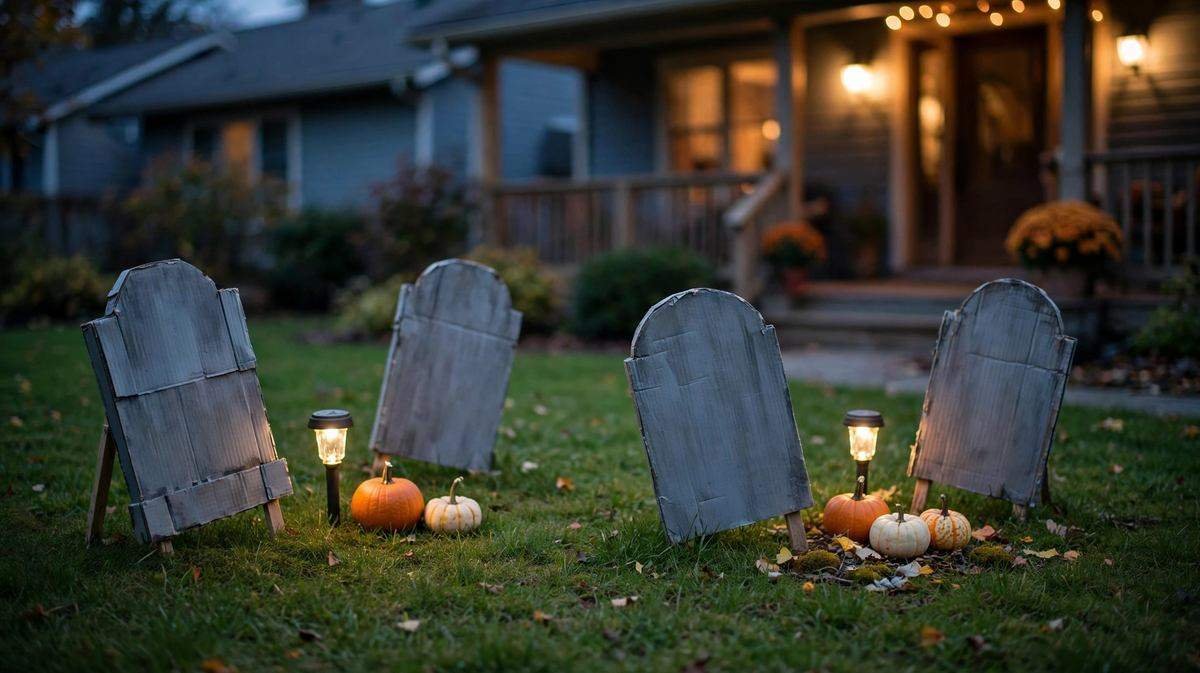 Homemade gray cardboard tombstone Halloween decorations staked in a front yard at dusk with small path lights and mini pumpkins