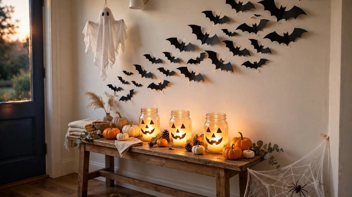 Home entryway decorated with DIY Halloween decorations including a paper bat swarm, glowing mason jar jack-o-lantern luminaries and a hanging cheesecloth ghost