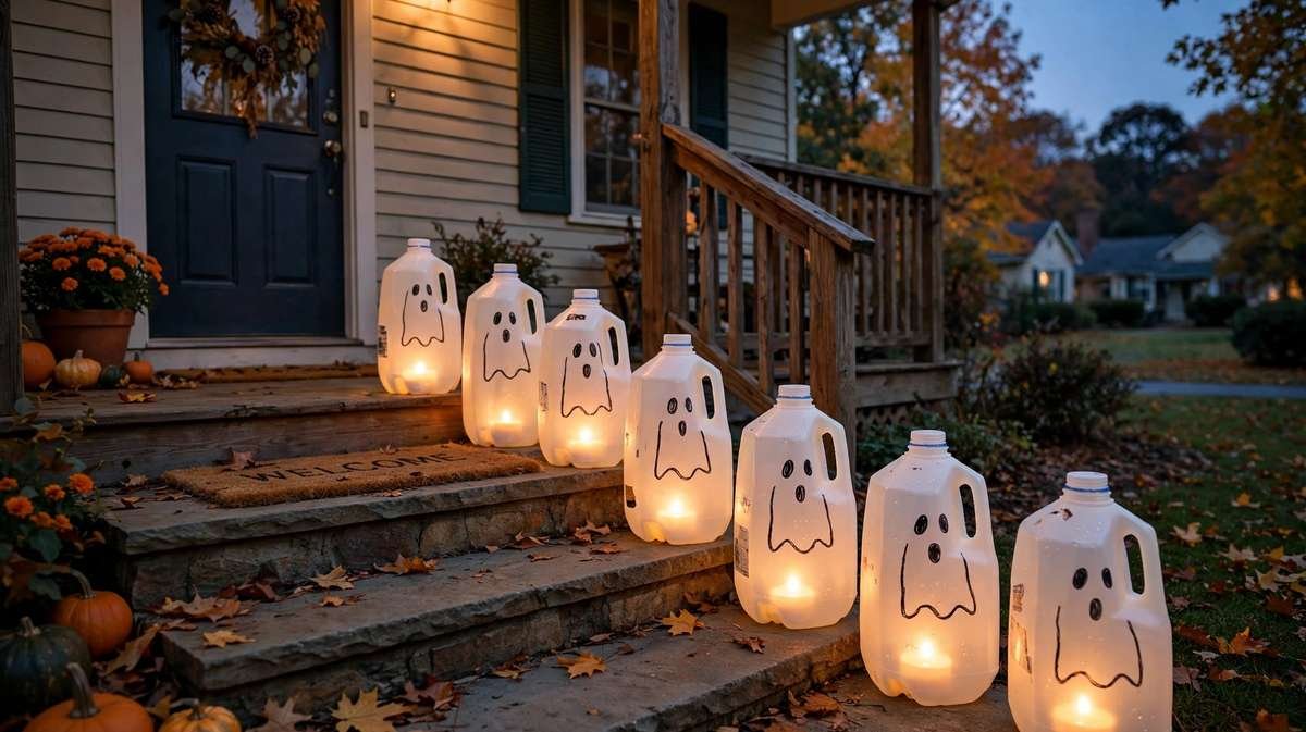 Row of homemade ghost milk jug path lights with hand-drawn faces glowing from battery tea lights on porch steps at dusk