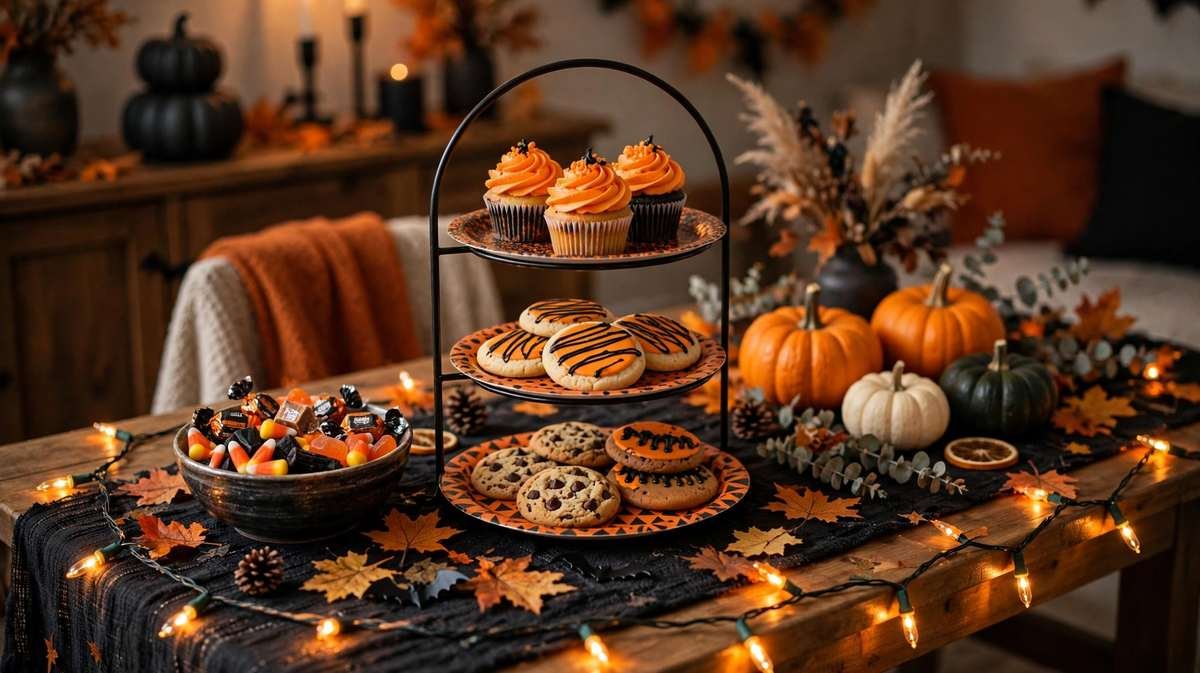 Halloween snack table with a tiered stand of cupcakes and cookies on patterned plates, a bowl of candy, mini pumpkins and warm string lights