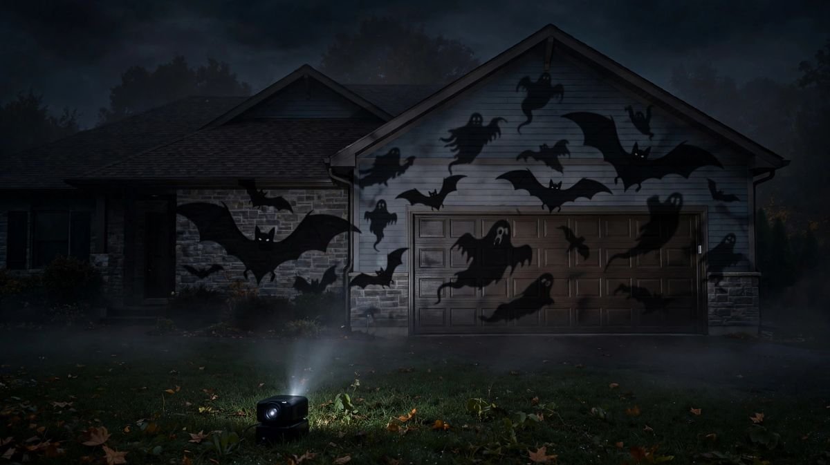 Halloween light projector on a lawn stake casting moving ghost and bat images across the front of a house at night