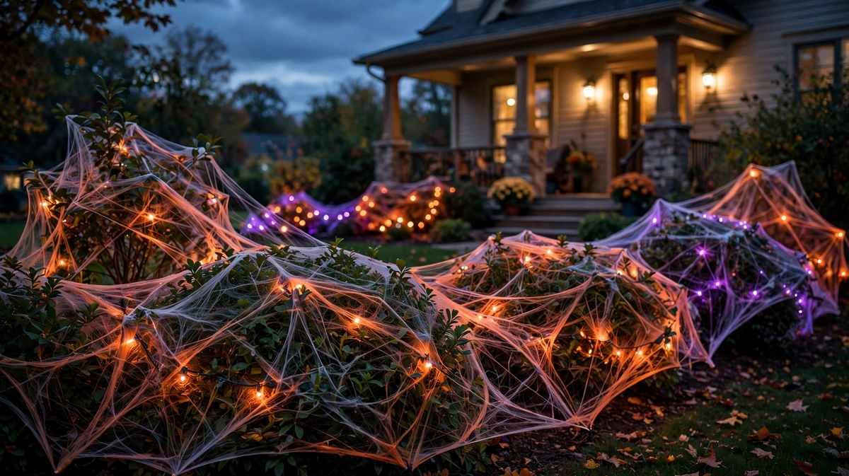 Front yard bushes draped in orange and purple Halloween net lights with fake cobwebs stretched over the top