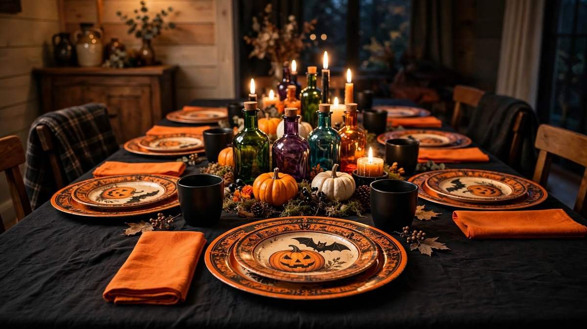 Halloween party table set with vintage pumpkin and bat dinner plates, smaller dessert plates, orange napkins, black cups and a potion bottle centerpiece
