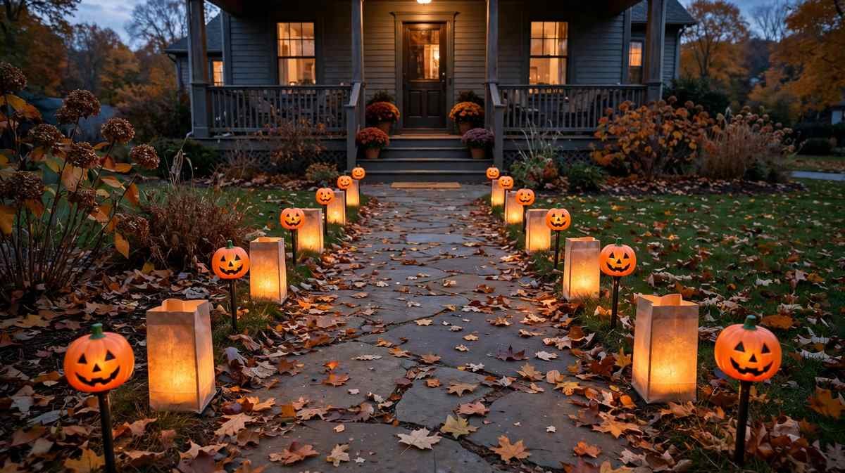Walkway lined with glowing pumpkin Halloween pathway lights leading to a front porch at dusk