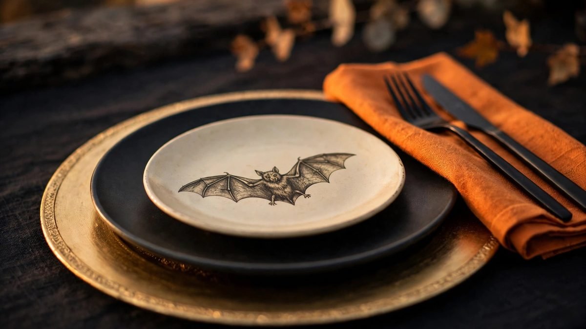 Layered Halloween place setting with a gold charger, black dinner plate and cream dessert plate printed with a vintage bat, beside an orange napkin with black cutlery