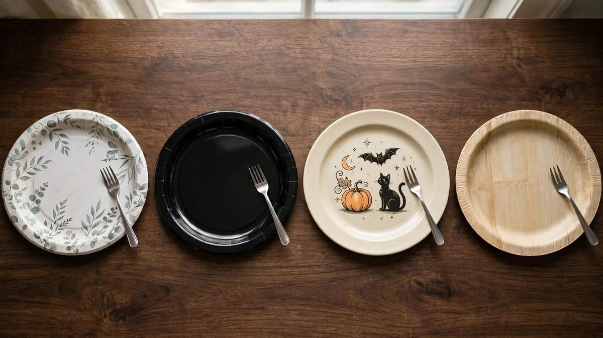 Four party plate materials in a row on a wood table: a printed paper plate, a glossy black plastic plate, a cream melamine plate with a Halloween cat and bat illustration, and a natural bamboo fiber plate