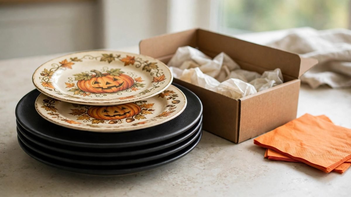 A stack of matte black plates topped with two vintage jack-o'-lantern plates, next to a tissue-lined storage box and orange napkins on a kitchen counter