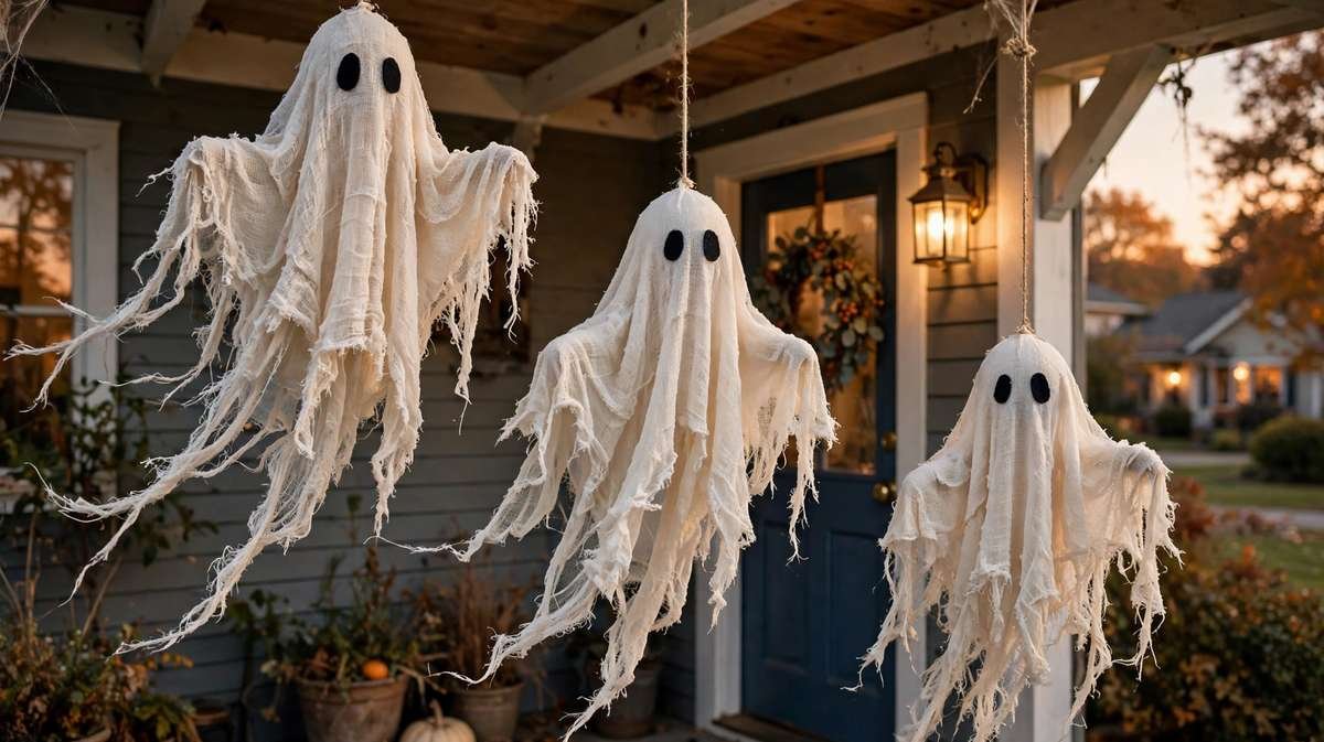 Three DIY hanging cheesecloth ghosts with black felt eyes suspended at different heights on a front porch
