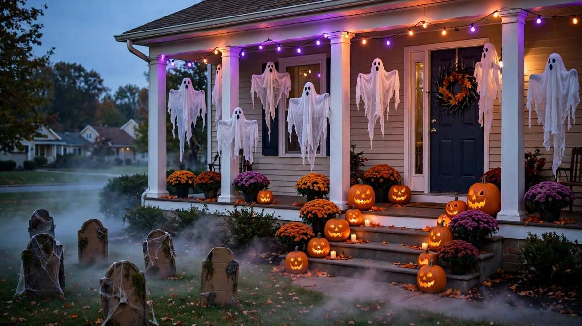 Home porch and entryway decorated as a haunted house for a Halloween party, with hanging cheesecloth ghosts, tombstones, glowing pumpkins and purple string lights at dusk