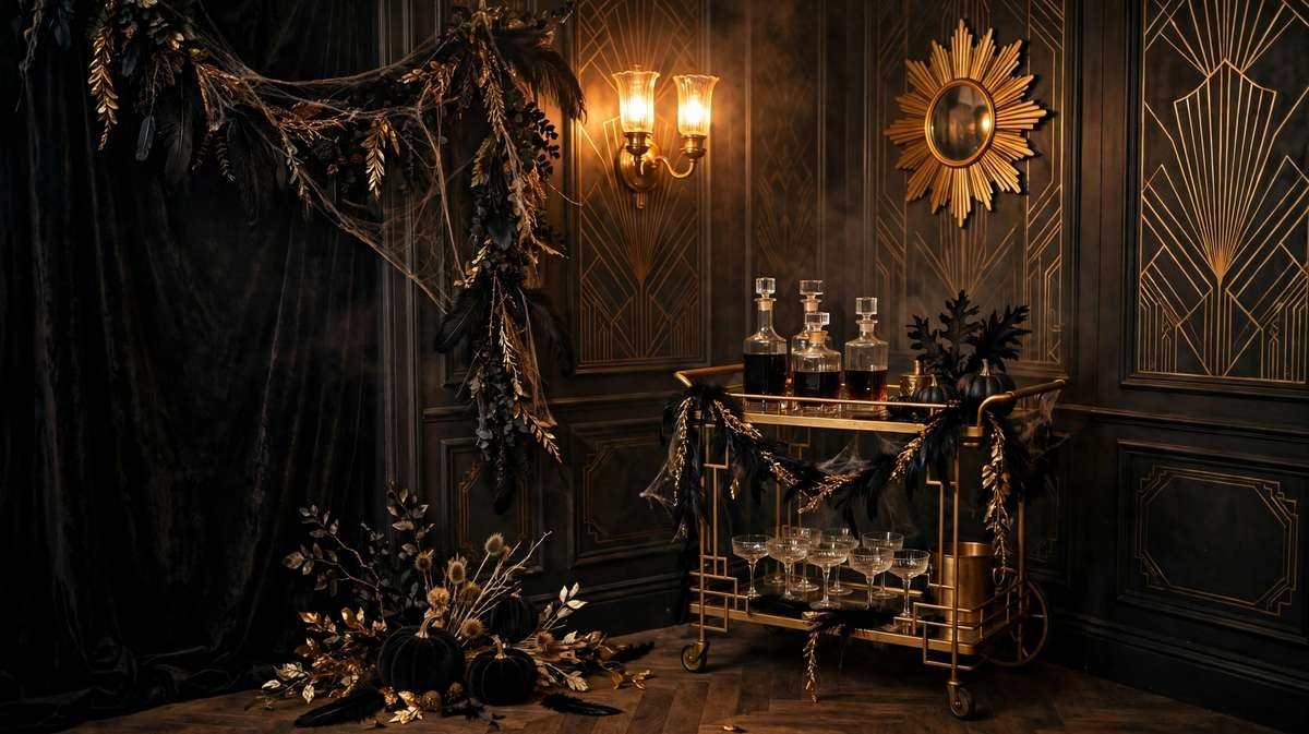 1920s haunted speakeasy Halloween party corner with a gold bar cart, glass decanters, coupe glasses and black and gold art deco decorations