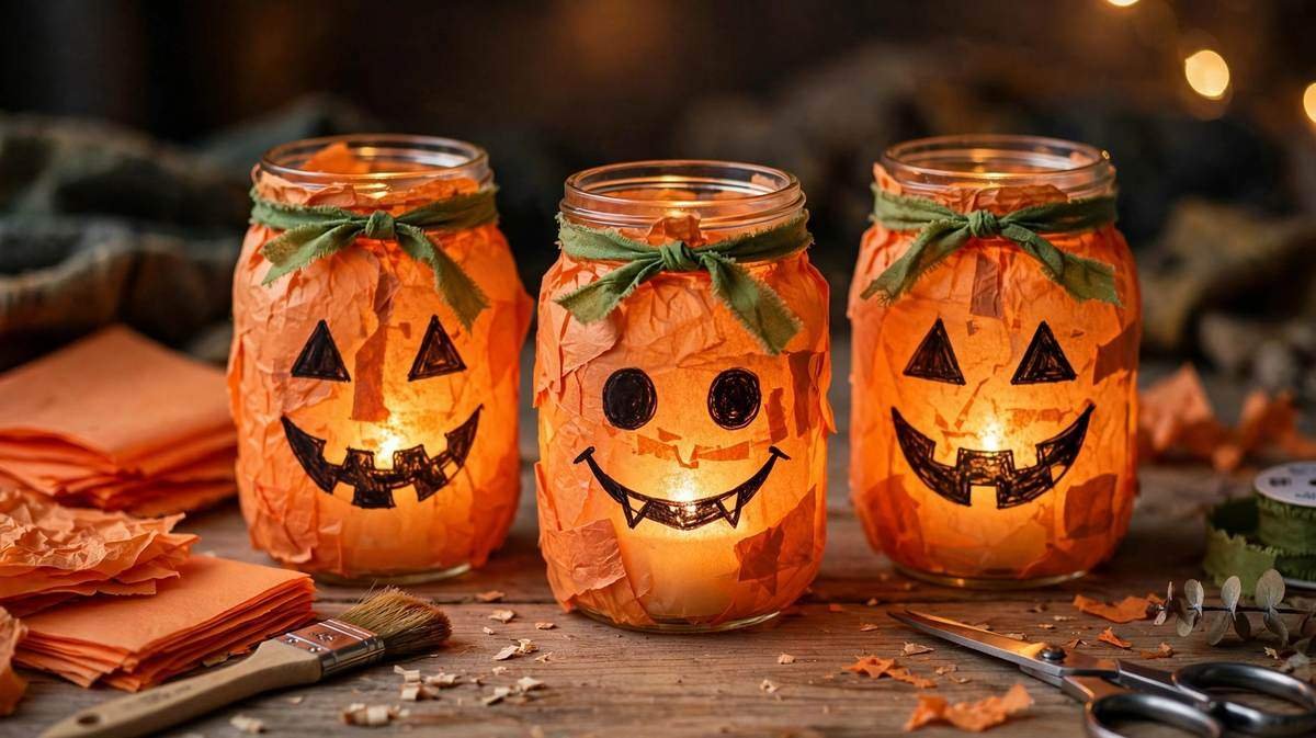 Homemade mason jar jack-o-lantern luminaries covered in orange tissue paper with hand-drawn faces, glowing with battery tea lights