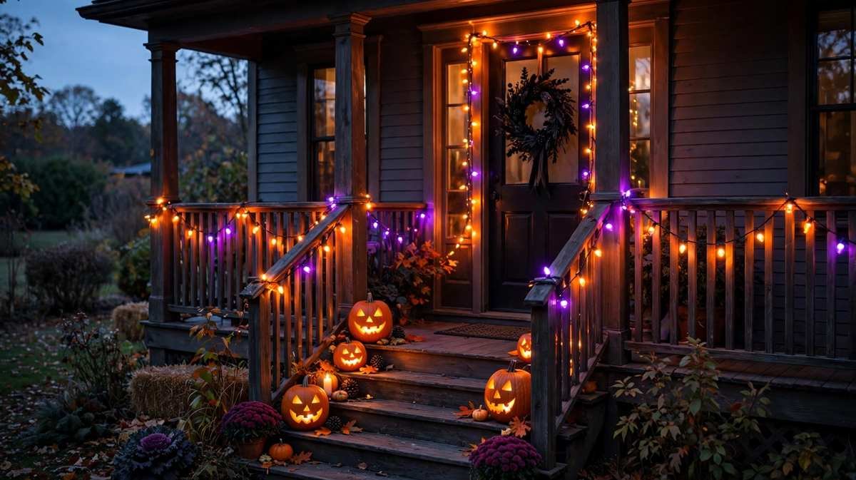 Front porch at night wrapped in warm orange Halloween string lights around the door frame, with glowing pumpkins on the steps