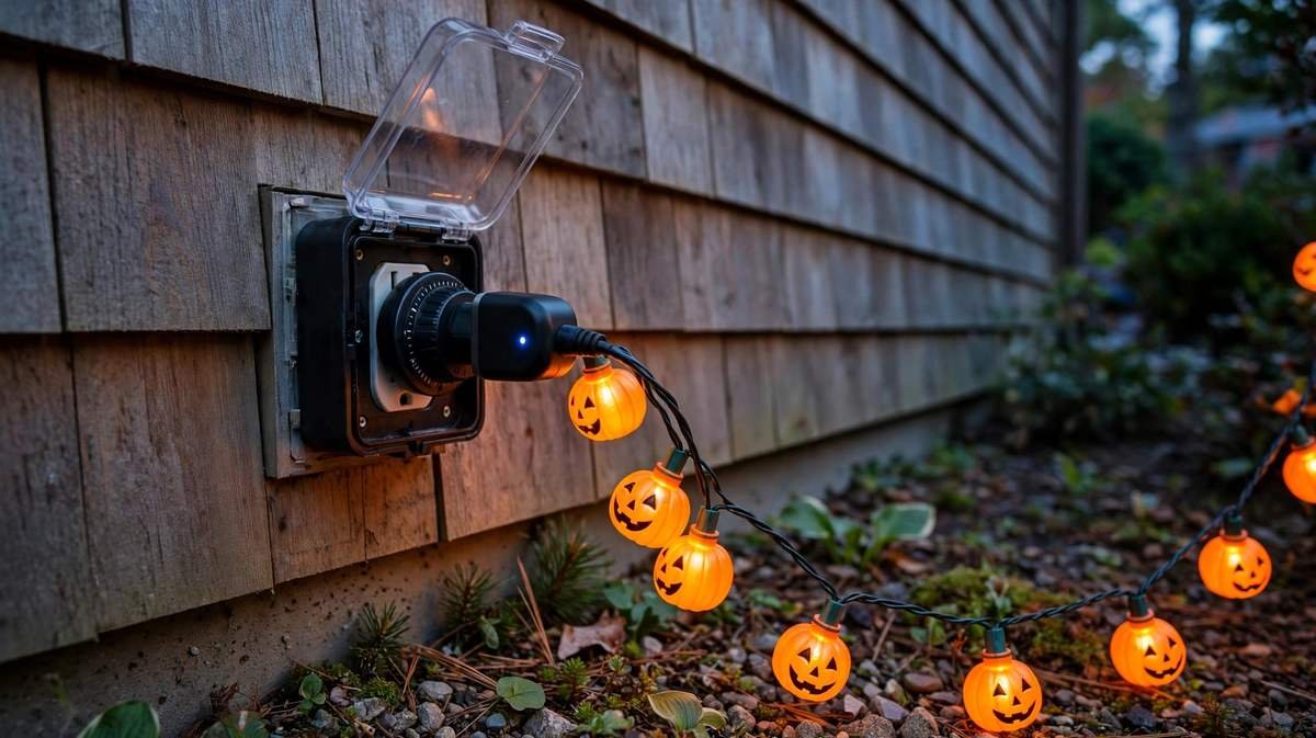 Outdoor smart plug timer connected to a string of Halloween lights plugged into an exterior outlet with a weatherproof cover