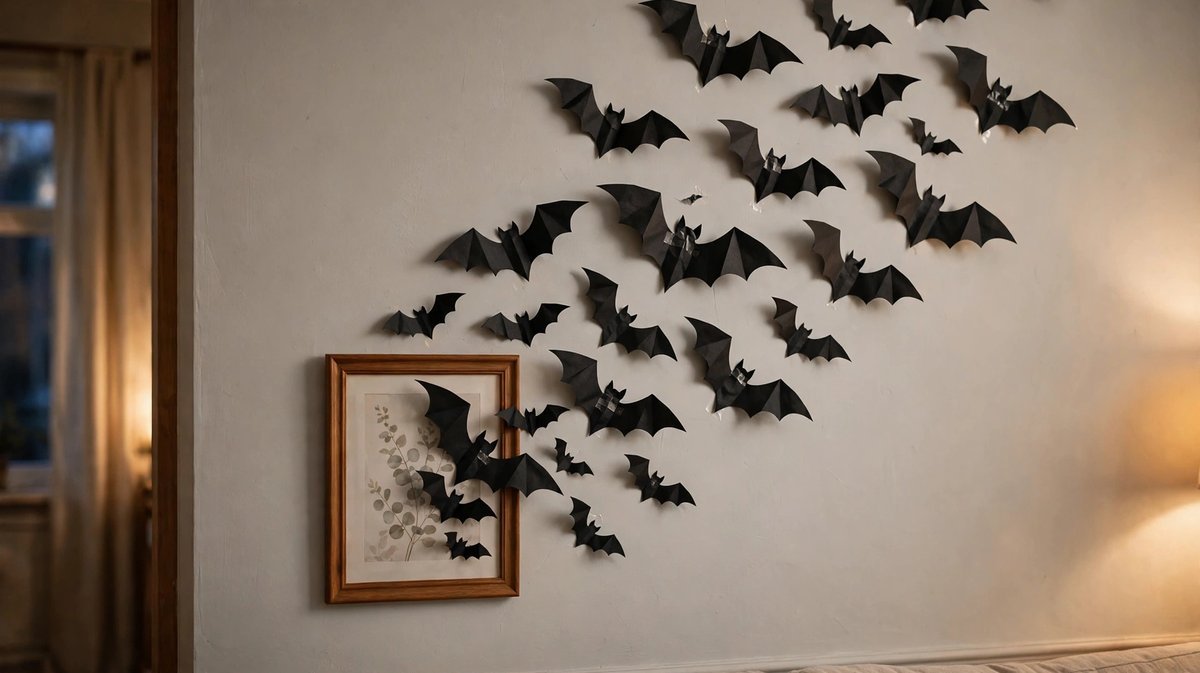 DIY paper bat swarm decoration with folded black paper bats in three sizes flying across a living room wall