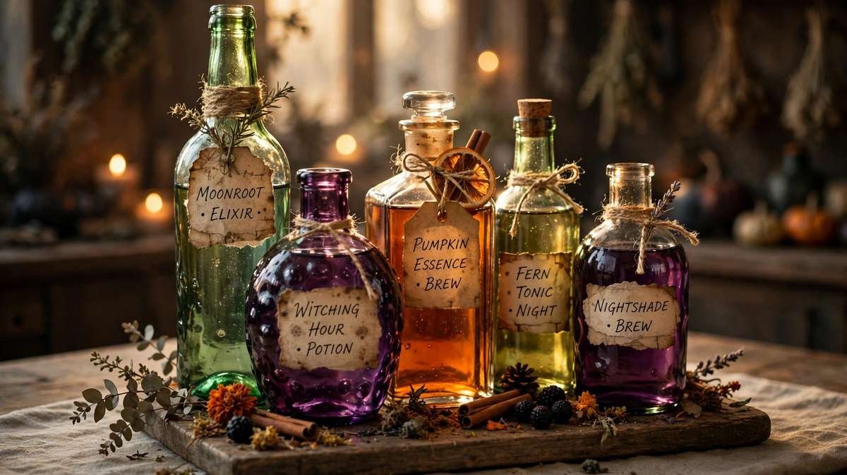 DIY potion bottle centerpiece of recycled glass bottles filled with green, purple and amber tinted water, handwritten labels tied with twine