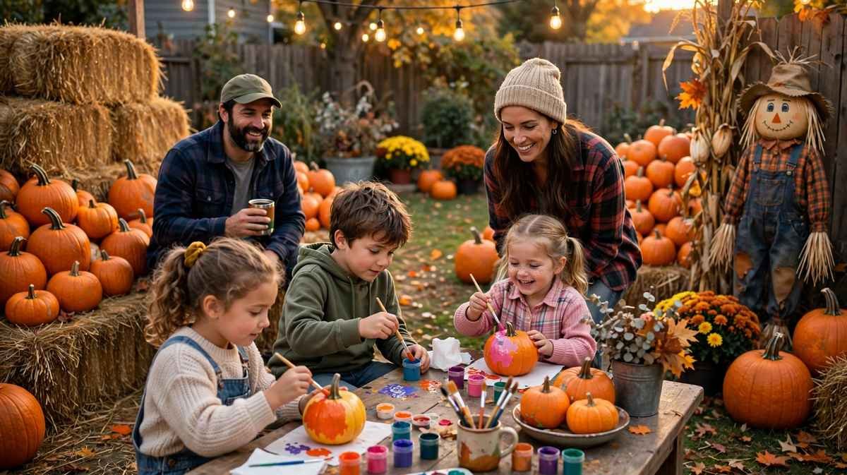 Family pumpkin patch Halloween party in a backyard with hay bales, pumpkins, string lights and children painting pumpkins at a wooden table