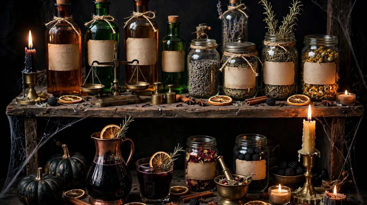 Vintage apothecary Halloween party drinks corner with amber and green glass bottles, aged paper labels, a brass scale, herb jars and candles